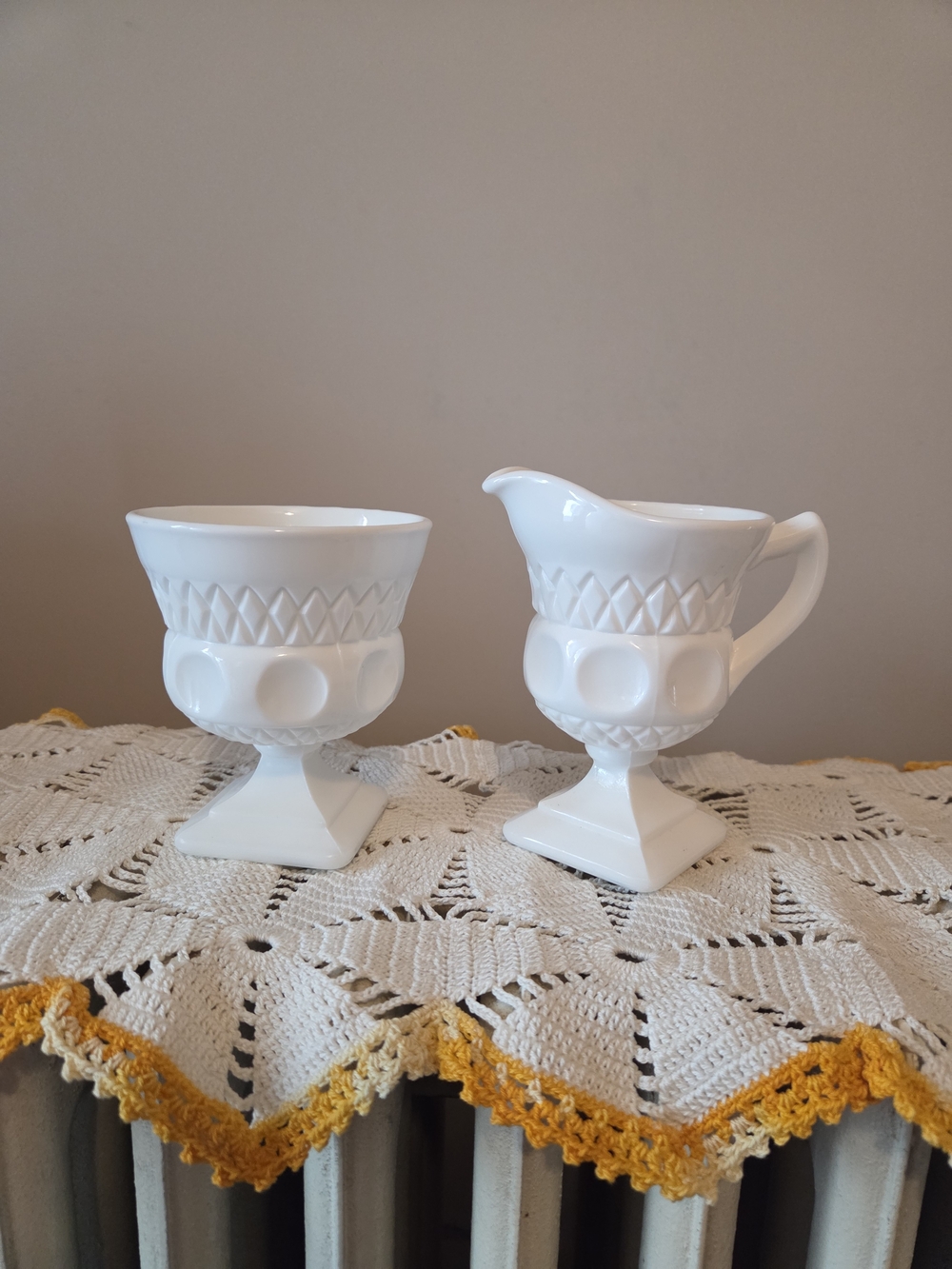 King's Crown Thumbprint Milk Glass Creamer and Sugar Bowl Set